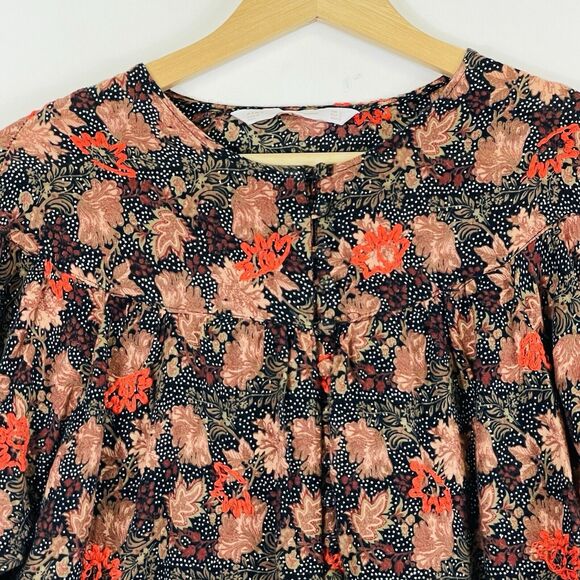 Zara Trafaluc Brown Black Dot Floral Stitch Long Sleeve‎ Blouse Top Womens Small - Picture 2 of 8